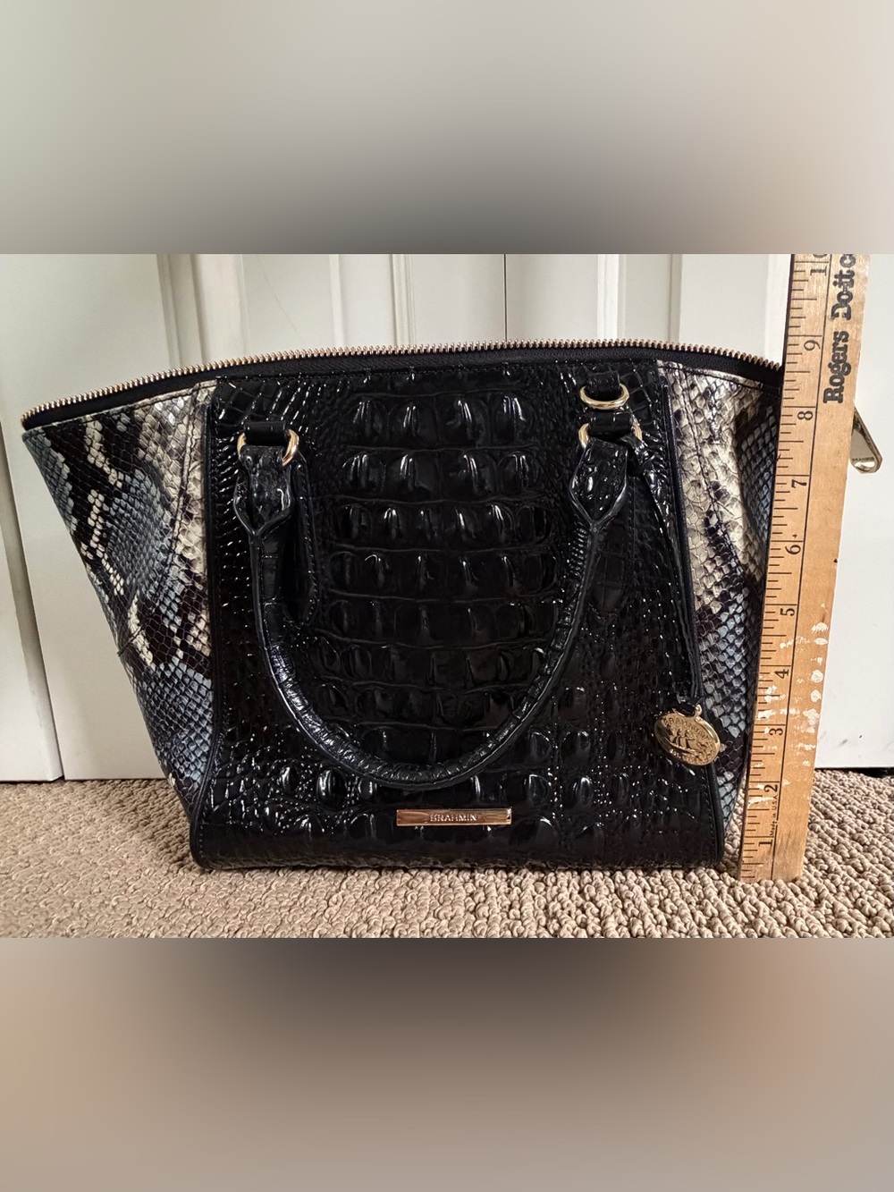 Brahmin Camila Tote Black Blue Carryall Leather Bag Purse Dust Bag Large Handbag - Picture 4 of 16